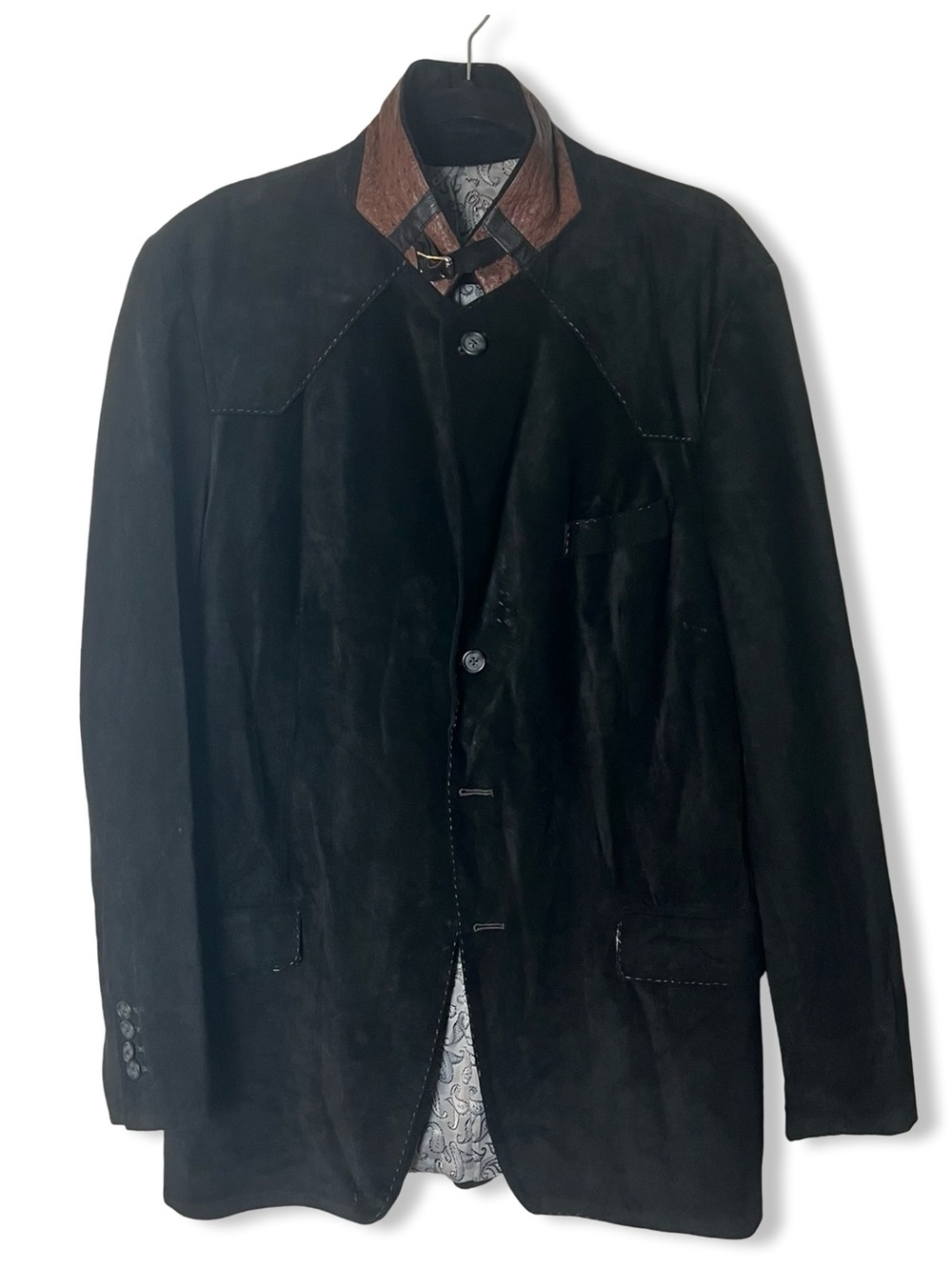 Steam Punk Tailored Men’s Black Suede Blazer Ostrich Leather Collar OOAK Sz XL